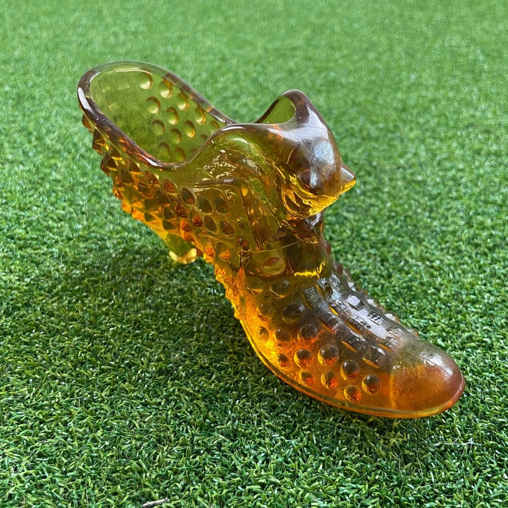Vintage Fenton Glass Hobnail Slipper Amber Yellow Glass Shoe Figurine
